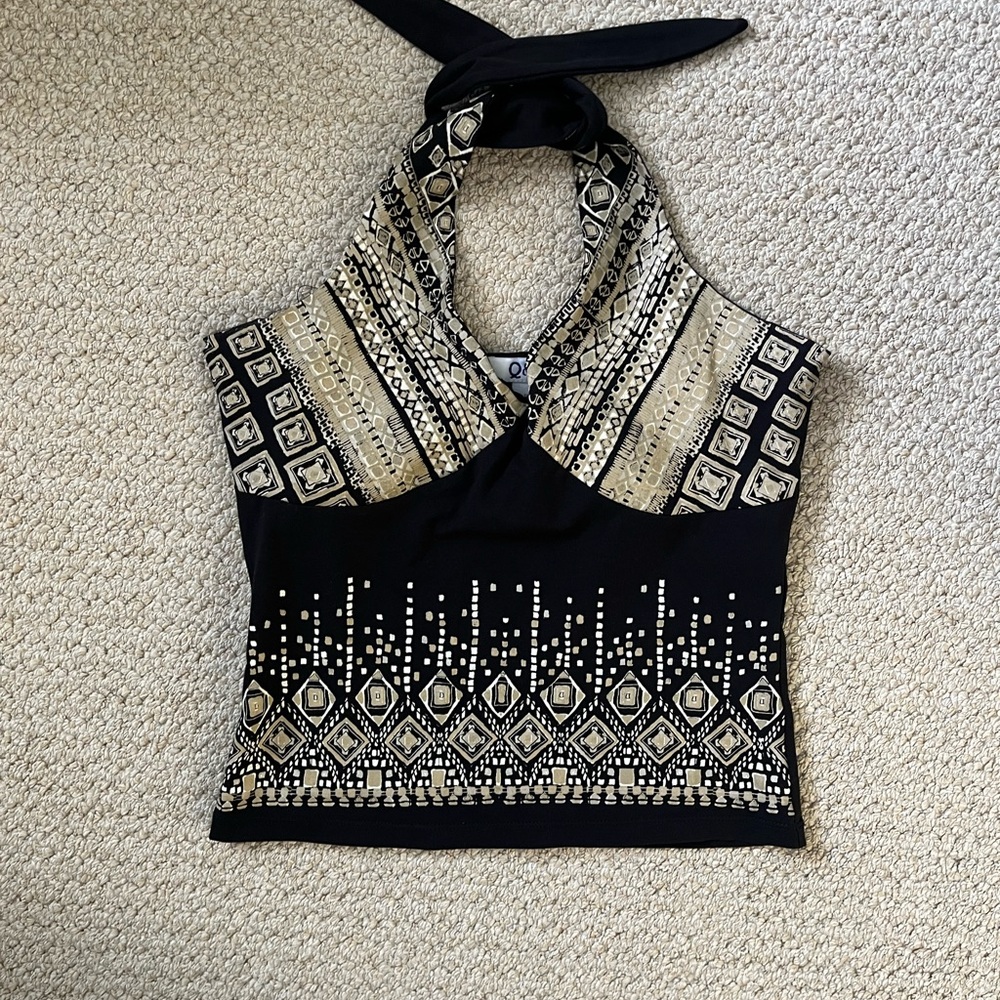 Chic Black and Cream Patterned Halter Top